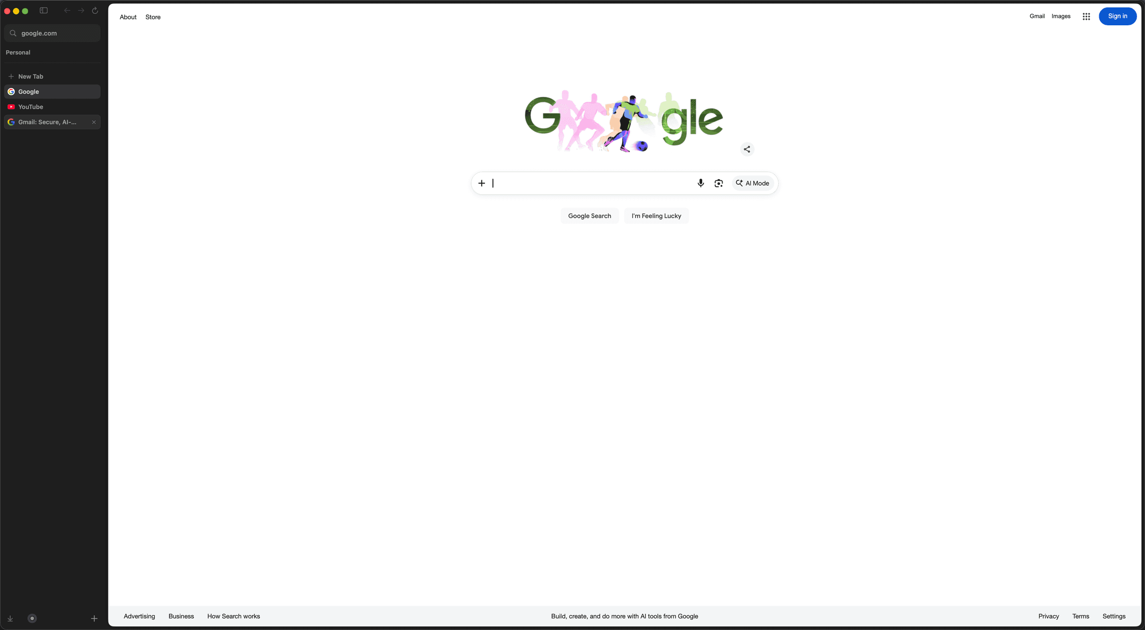 Candoa browser showing Google open with Gmail and YouTube in the sidebar