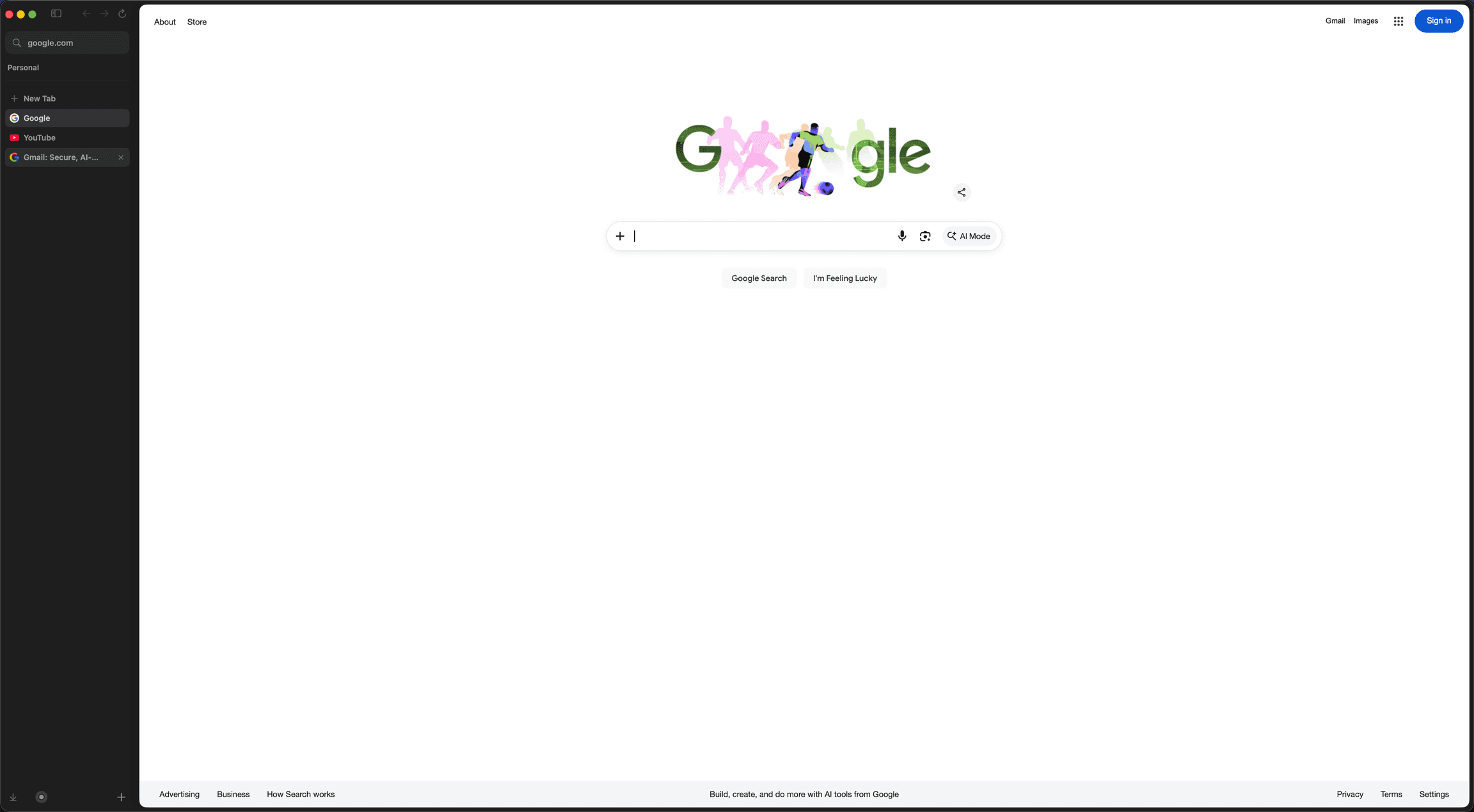 Candoa browser showing Google open with Gmail and YouTube in the sidebar
