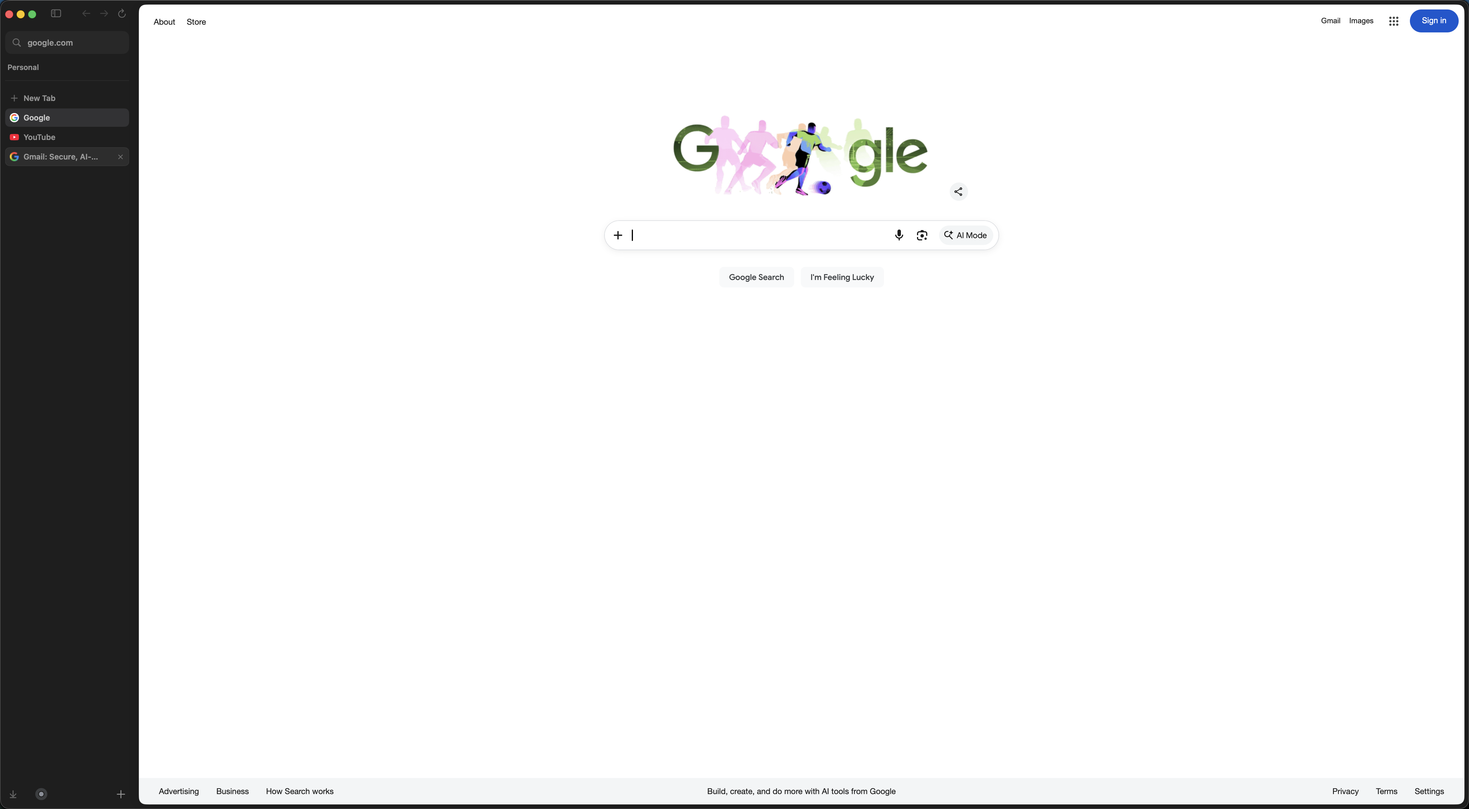 Candoa browser showing Google open with Gmail and YouTube in the sidebar
